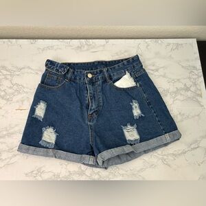 Shein Denim Shorts Womens Sz L Dark Blue Jeans Ripped Cuffed Distressed​